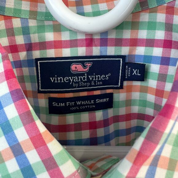 Vineyard Vines Slim Fit Whale Shirt Mens XL Blue Green Pastel Gingham Preppy‎ - Picture 6 of 8
